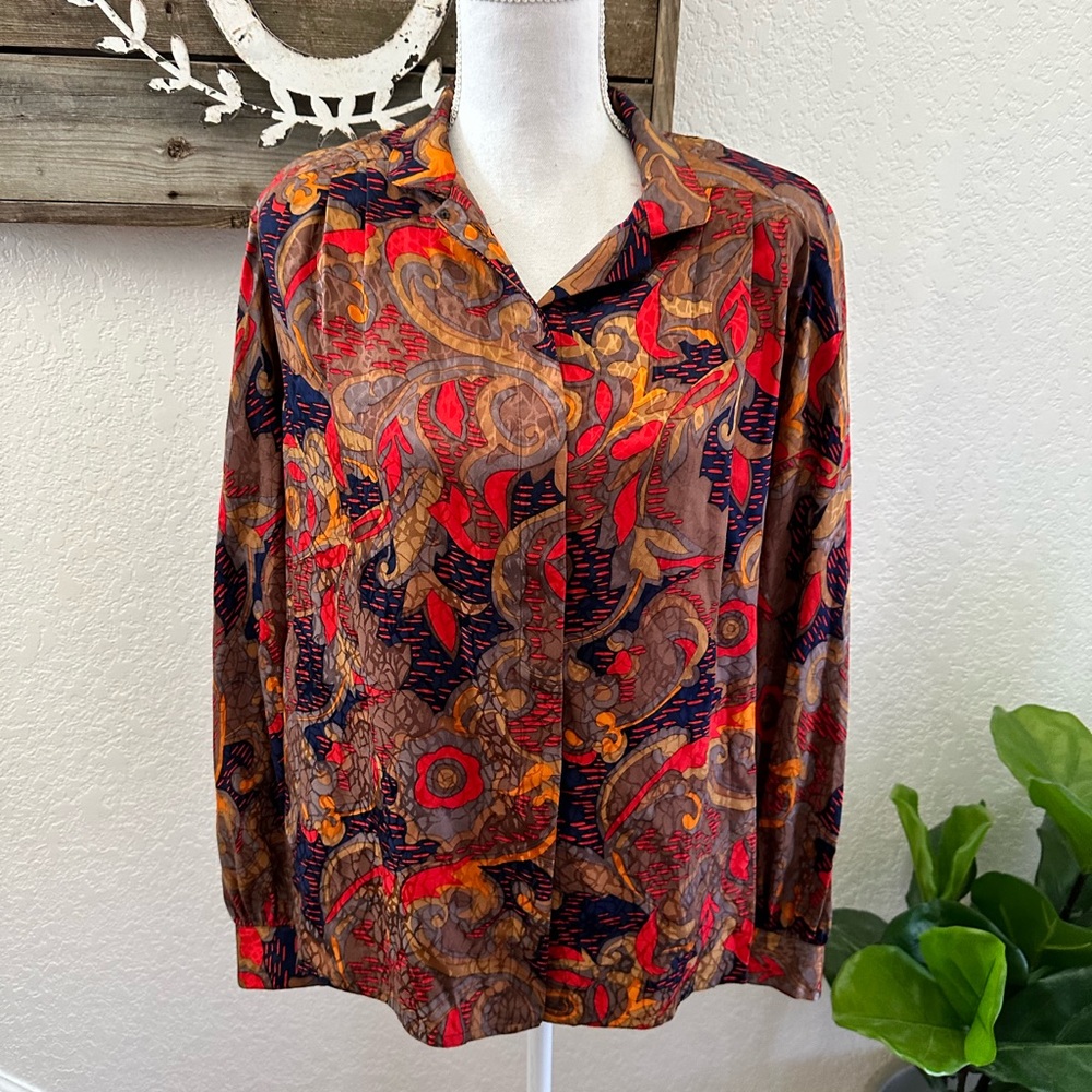 VTG vintage floral silk Mario Forte button down blouse shoulder pads size 8